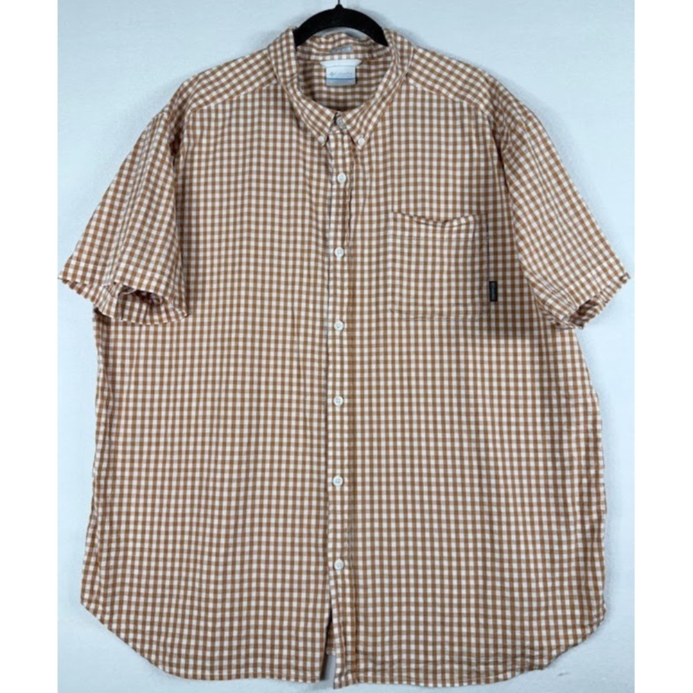 Columbia‎ Shirt Men XXL Brown Gingham Check Short Sleeve Button Down Lightweight